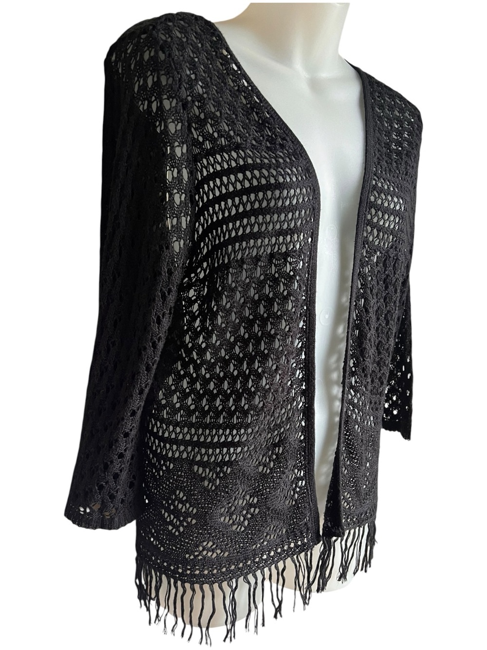 Crochet Open Front Cardigan S/M Fringe 3/4 Sleeve Whimsigoth Witchy Fairy Grunge